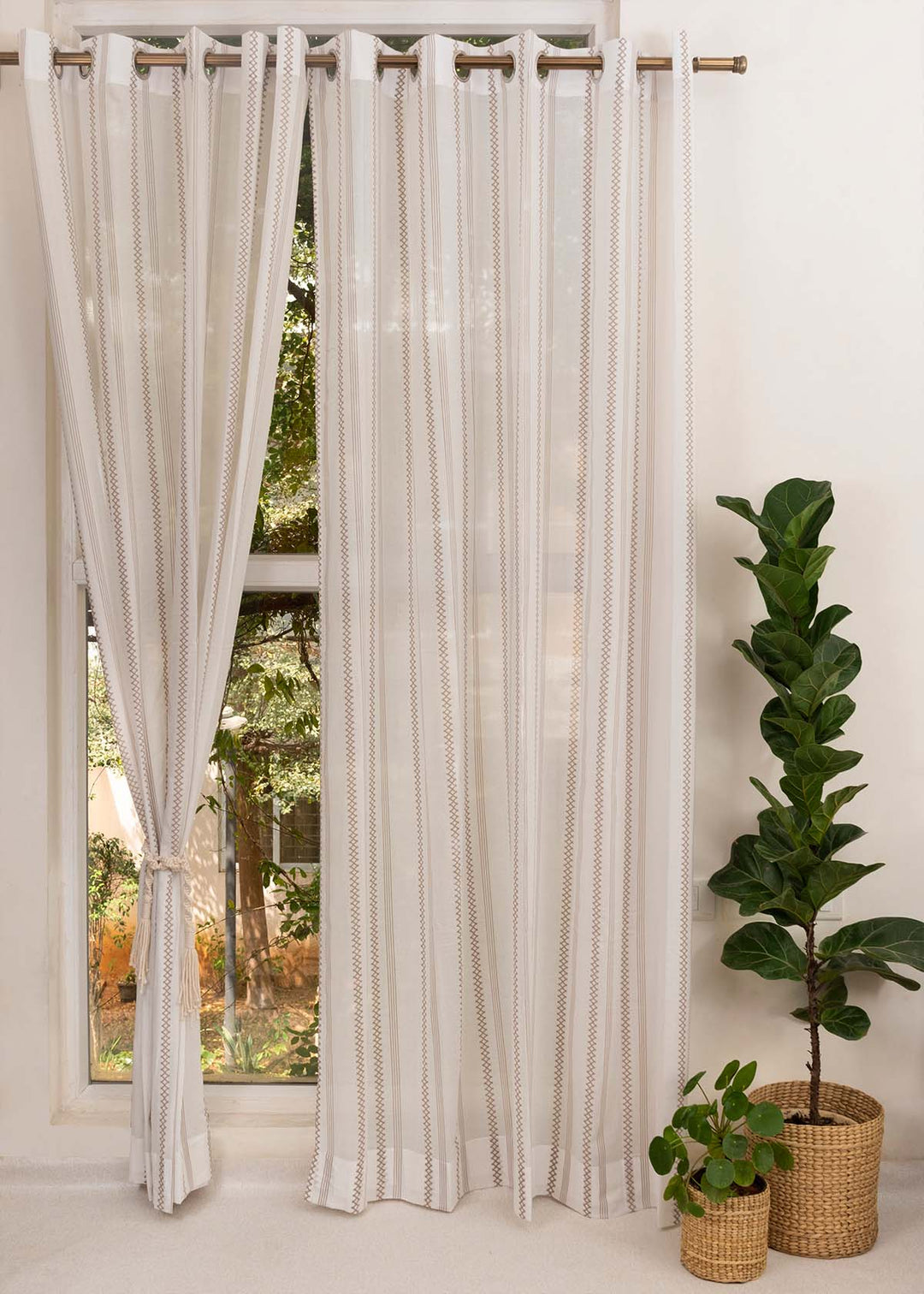 Picket Fence Walnut Grey 100% Cotton Sheer Geometric curtain for Living room & bedroom - Light filtering - Single Piece | SHOBITAM