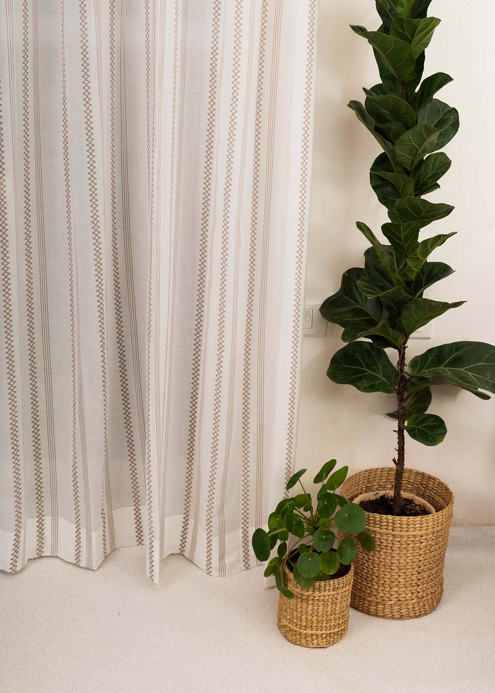 Picket Fence Walnut Grey 100% Cotton Sheer Geometric curtain for Living room & bedroom - Light filtering - Single Piece | SHOBITAM