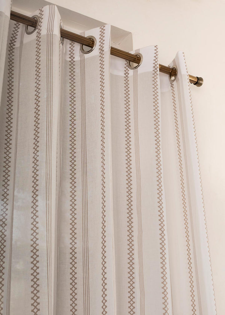 Picket Fence Walnut Grey 100% Cotton Sheer Geometric curtain for Living room & bedroom - Light filtering - Single Piece | SHOBITAM