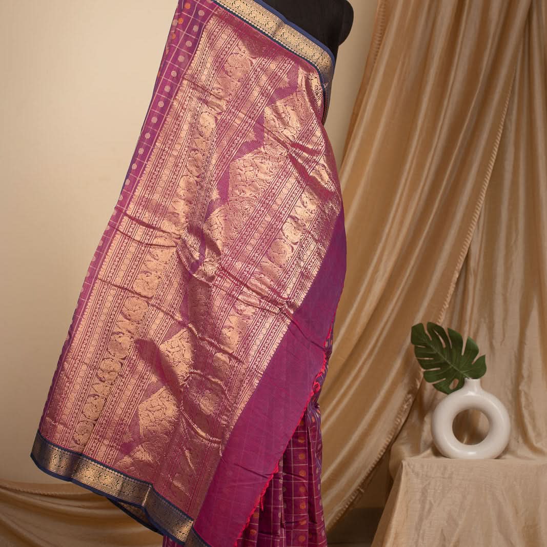 Pink With Blue 1000 Butta Kanchi Cotton Saree With Zari Kanmani | SHOBITAM