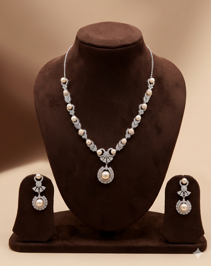 Pink Pearl Necklace Set – Elegant CZ Designer Jewellery | SHOBITAM