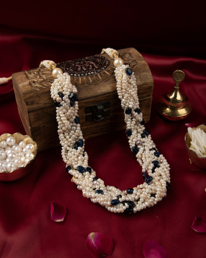 Noor-e-Raat: Pearl & Tanzanite Braided Mala  | SHOBITAM