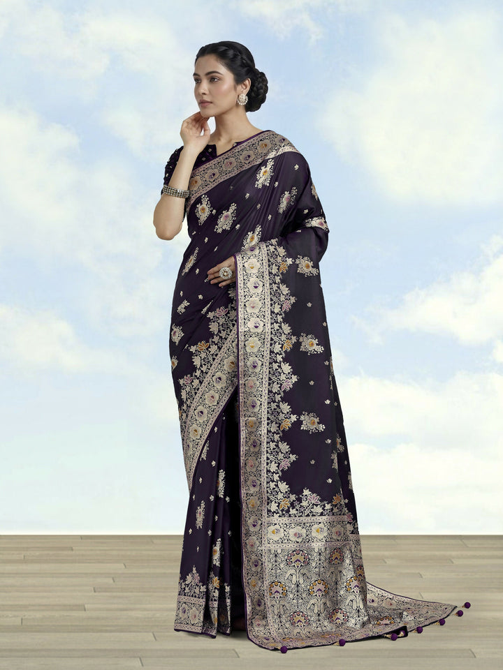Dark Purple Zari Woven Banarasi Satin Silk Saree | SHOBITAM