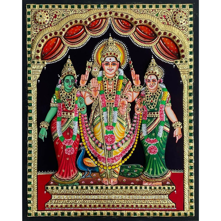 16*20" Tanjore Painting of Murugan Valli Devayani Authentic with 22 Ct Gold Foil and Jaipur Gemstones, Unframed | SHOBITAM