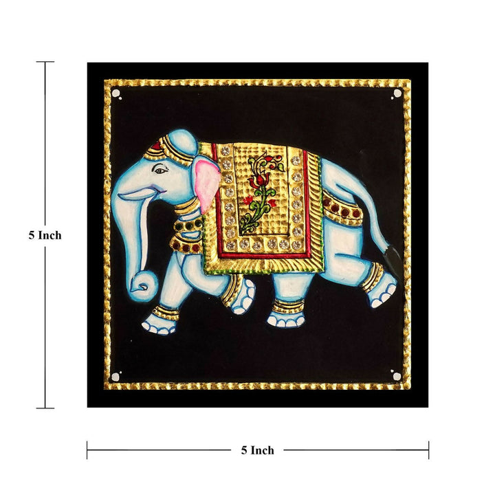 5*5 TANJORE PAINTING ELEPHANT Authentic With 22 Ct Gold Foil and Jaipur Gemstones,Unframed | SHOBITAM