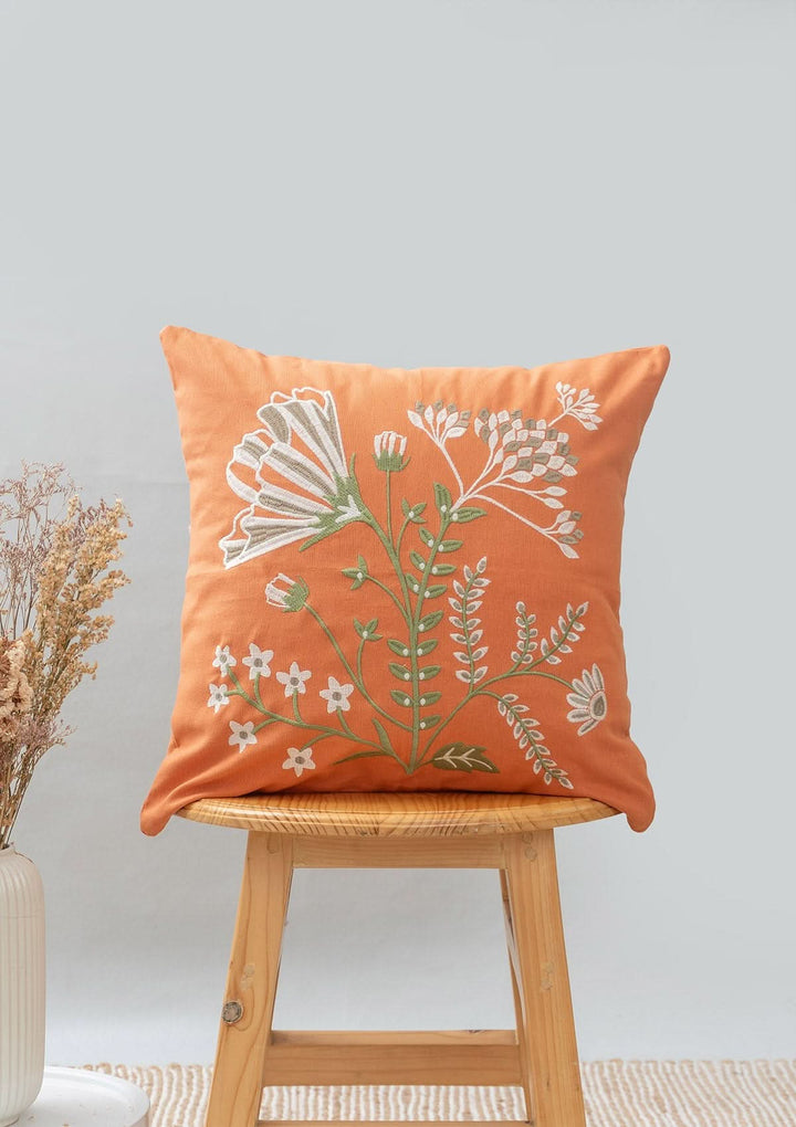 Spice Orange Embroidered  Pure Cotton Floral Cushion Cover