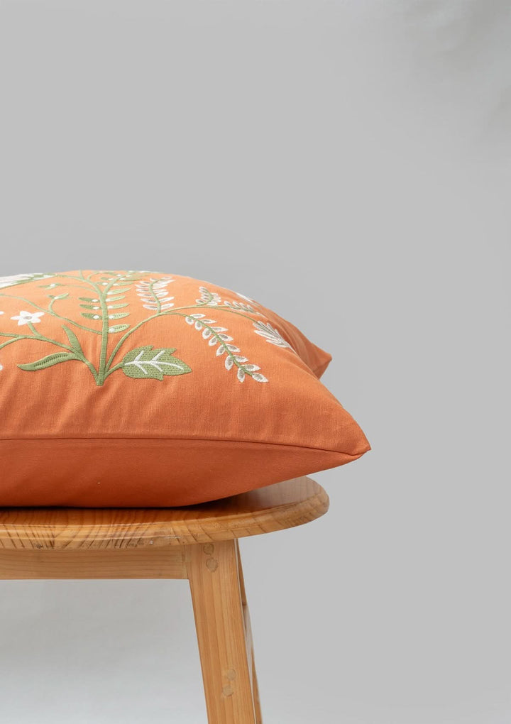 Spice Orange Embroidered  Pure Cotton Floral Cushion Cover
