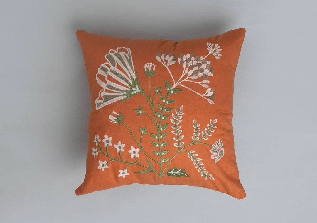 Spice Orange Embroidered  Pure Cotton Floral Cushion Cover