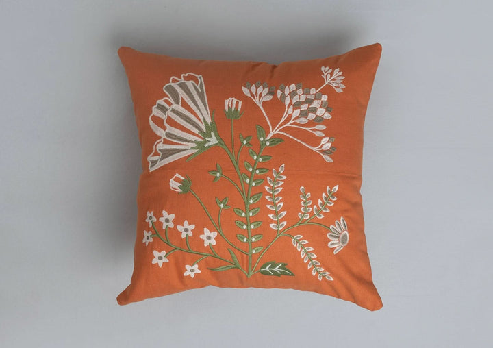 Spice Orange Embroidered  Pure Cotton Floral Cushion Cover