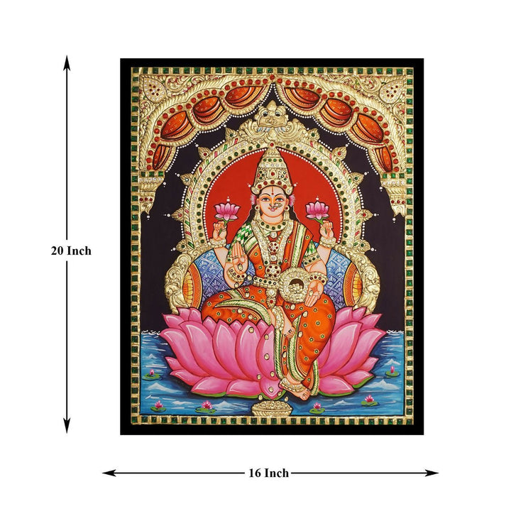 16*20 Tanjore painting Lotus Lakshmi Authentic With 22 Ct gold Foil and Jaipur Gemstones Unframed | SHOBITAM