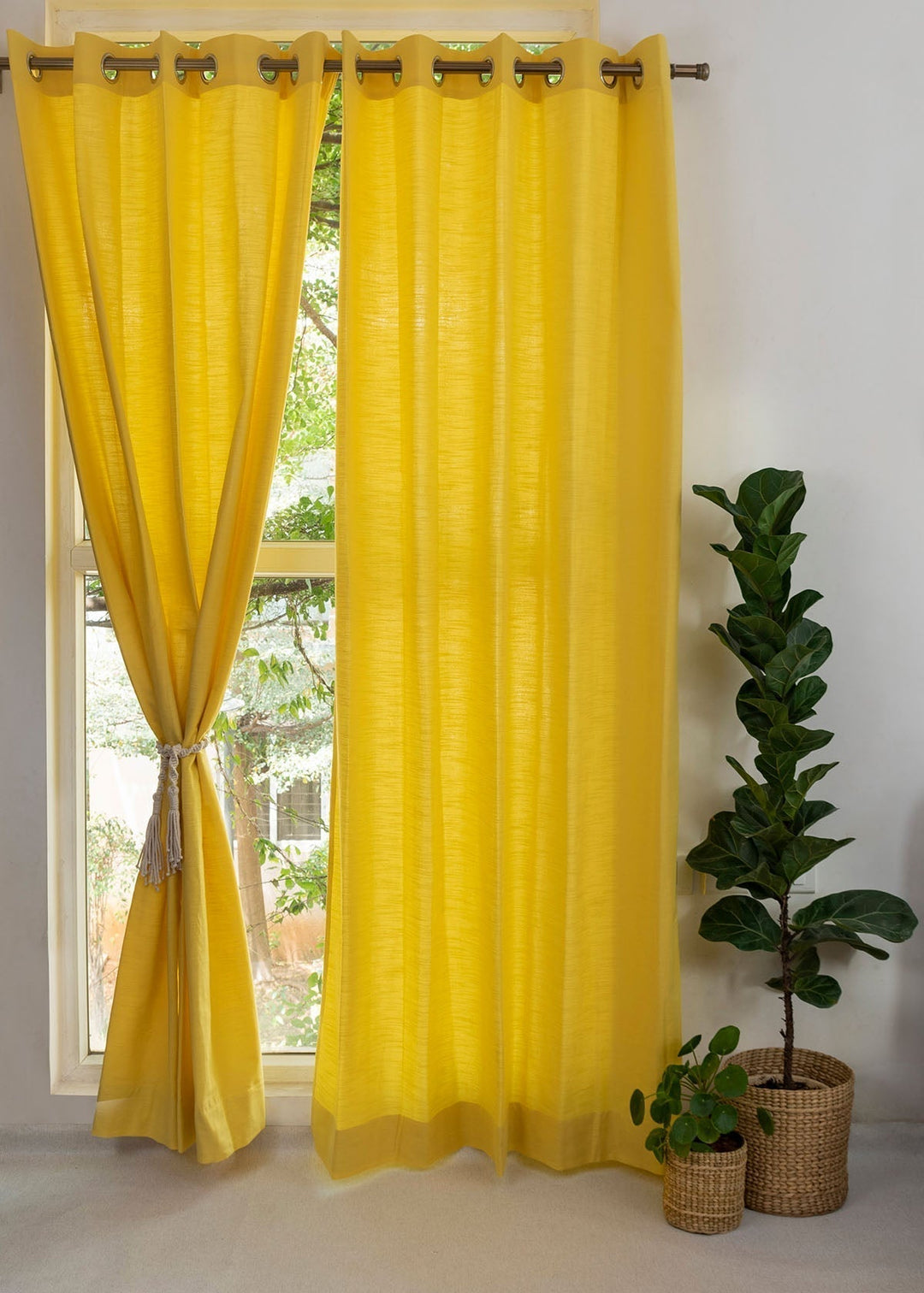 Solid Primrose yellow 100% cotton plain curtain for bedroom - Room darkening - Single Piece | SHOBITAM