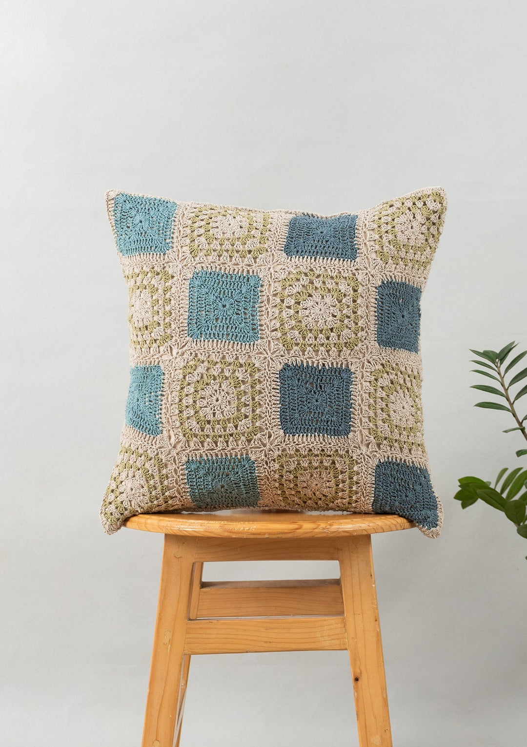 Prism Blue Crochet Geometric Fusion Cushion Cover for Sofa– 100% Cotton 16" x 16" | SHOBITAM