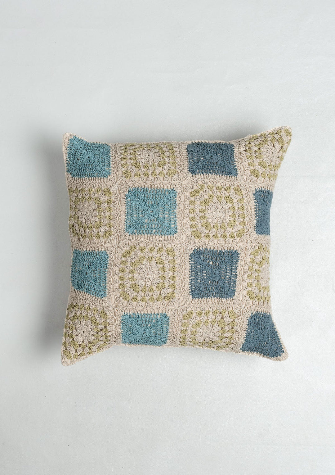 Prism Blue Crochet Geometric Fusion Cushion Cover for Sofa– 100% Cotton 16" x 16" | SHOBITAM
