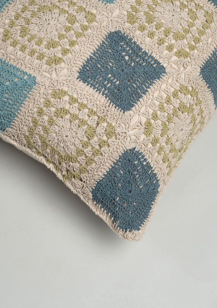 Prism Blue Crochet Geometric Fusion Cushion Cover for Sofa– 100% Cotton 16" x 16" | SHOBITAM
