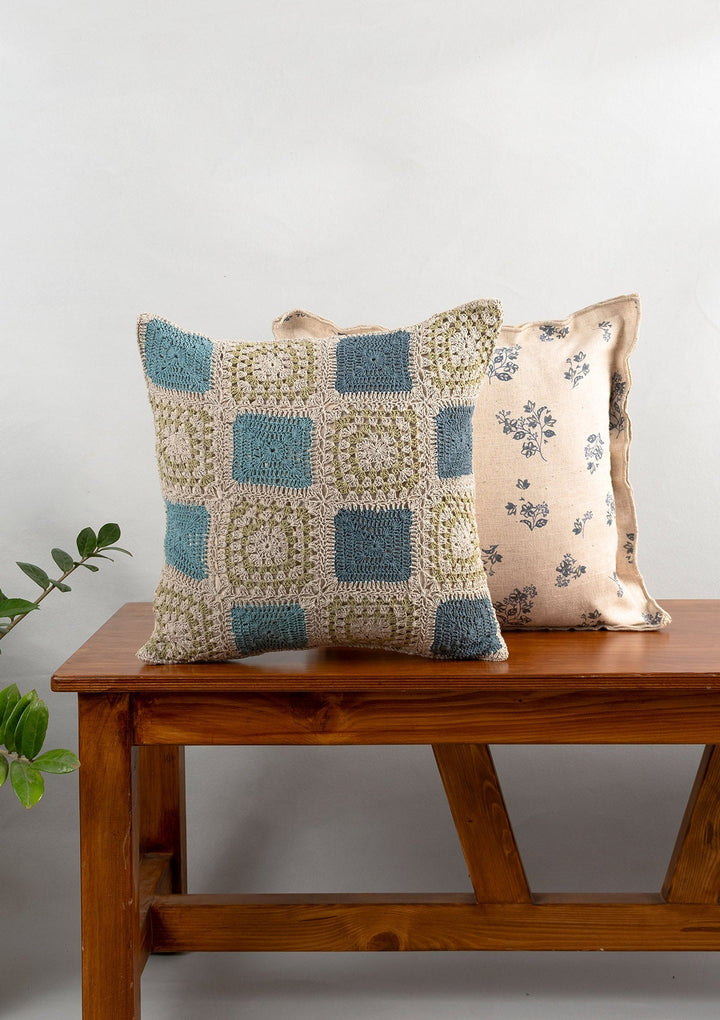 Prism Blue Crochet Geometric Fusion Cushion Cover for Sofa– 100% Cotton 16" x 16" | SHOBITAM