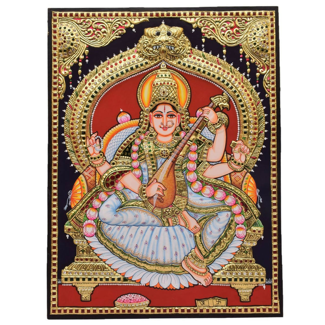 18*24 Authentic TANJORE PAINTING SARASWATHI EMB With 22 Ct gold Foil and Jaipur Gemstones,Unframed | SHOBITAM