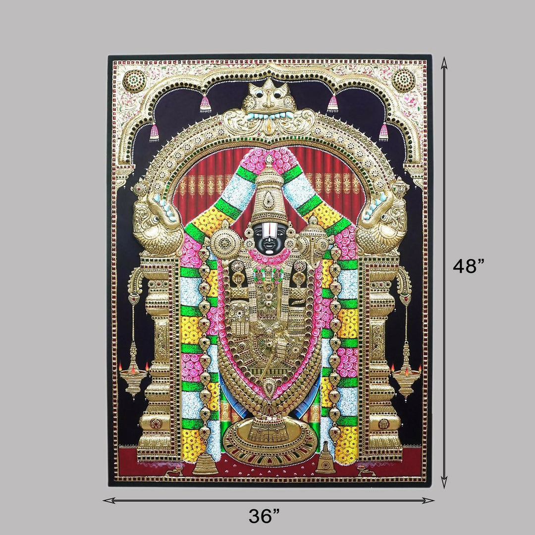 36*48 Tanjore Painting Balaji Authentic With 22 Ct gold Foil and Jaipur Gemstones,Unframed-SHOBITAM