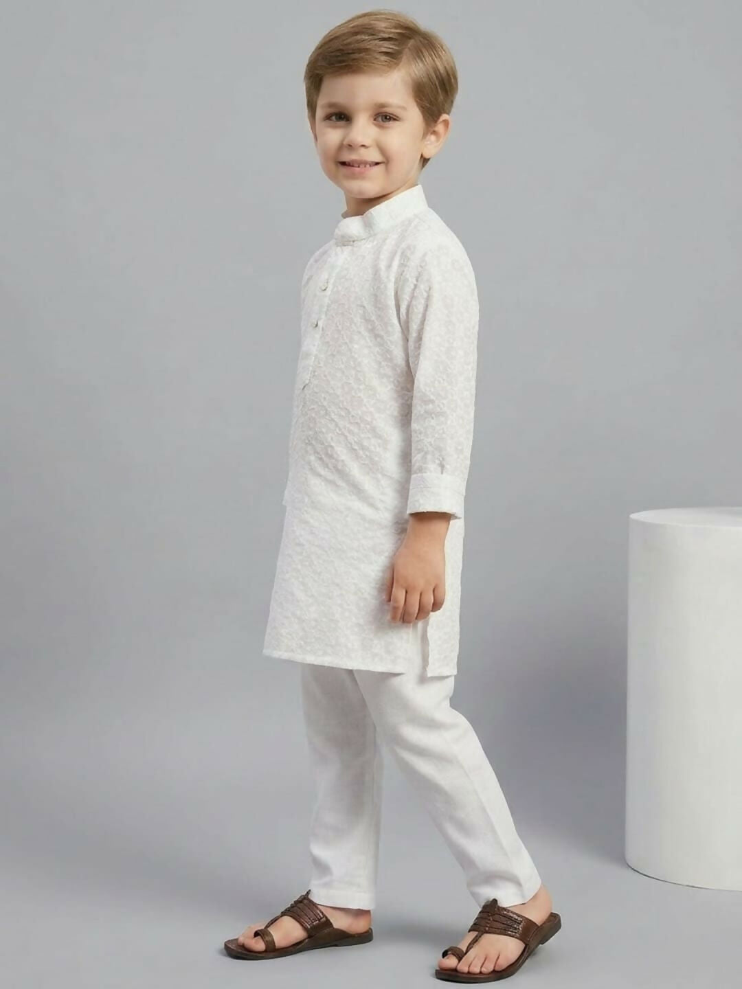 Boys Embroidered White Ethnic Wear Kurta Pajama Set | SHOBITAM
