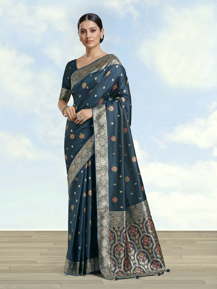Teal Banarasi Zari Woven Satin Silk Saree | SHOBITAM