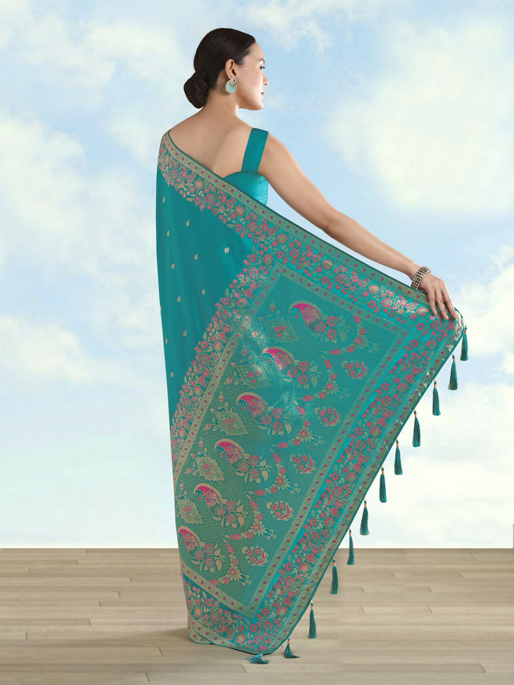 Turquoise Semi Banarasi Satin silk Saree With Zari Border And Butti Work | SHOBITAM