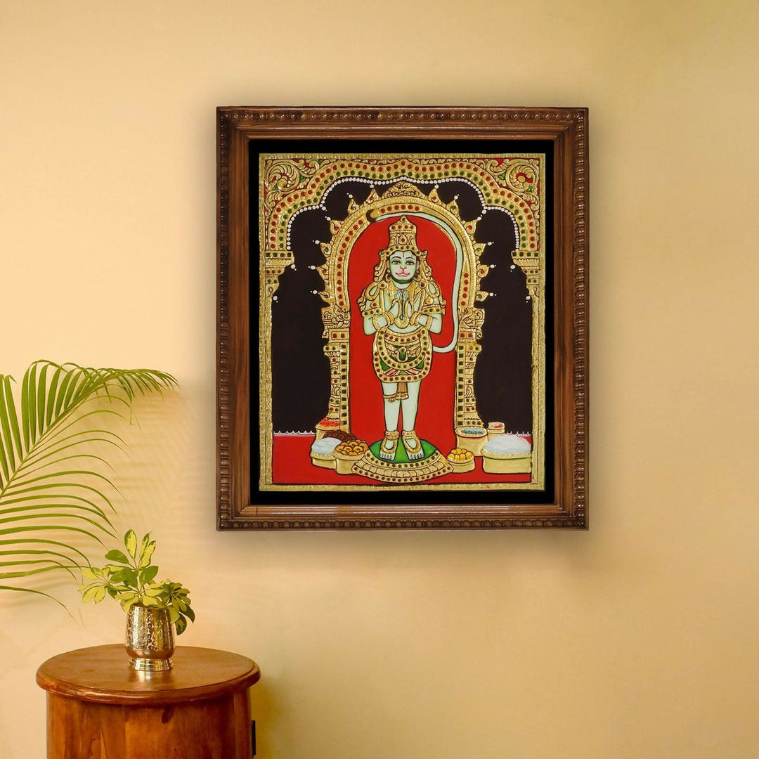 12*10 TANJORE PAINTING HANUMAN STANDING Authentic With 22 Ct Gold Foil and Jaipur Gemstones,Unframed | SHOBITAM