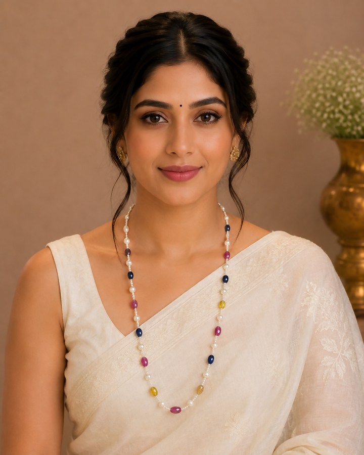 Navratna-Multi-Sapphire, Ruby, and Pearl Mala Necklace | SHOBITAM