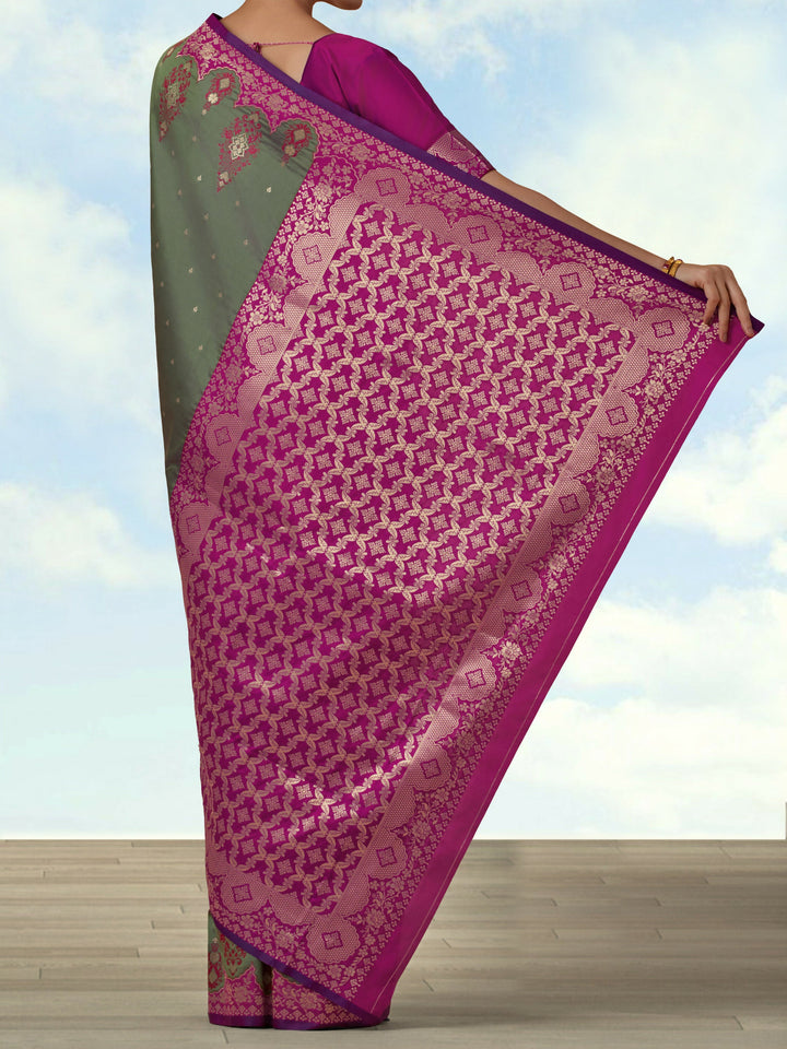 Olive Semi Banarasi Silk Blend Saree with Zari Woven Work | SHOBITAM