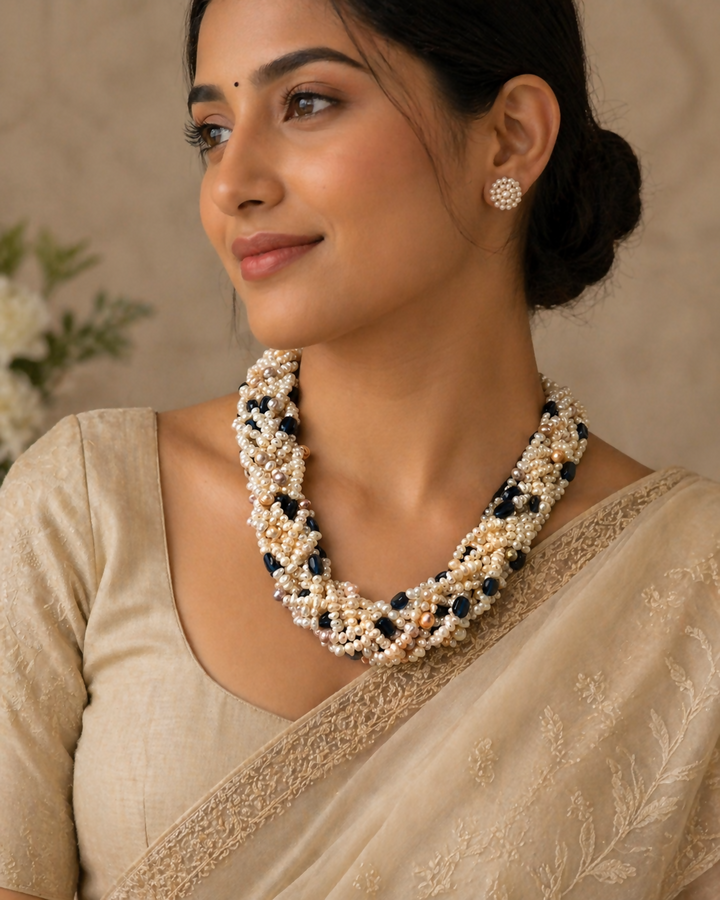 Noor-e-Raat: Pearl & Tanzanite Braided Mala  | SHOBITAM