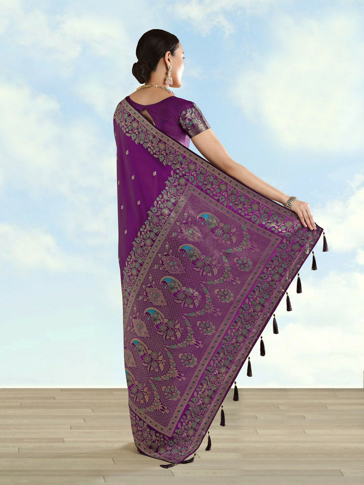 Purple Semi Banarasi Satin silk Saree With Zari Border And Butti Work | SHOBITAM