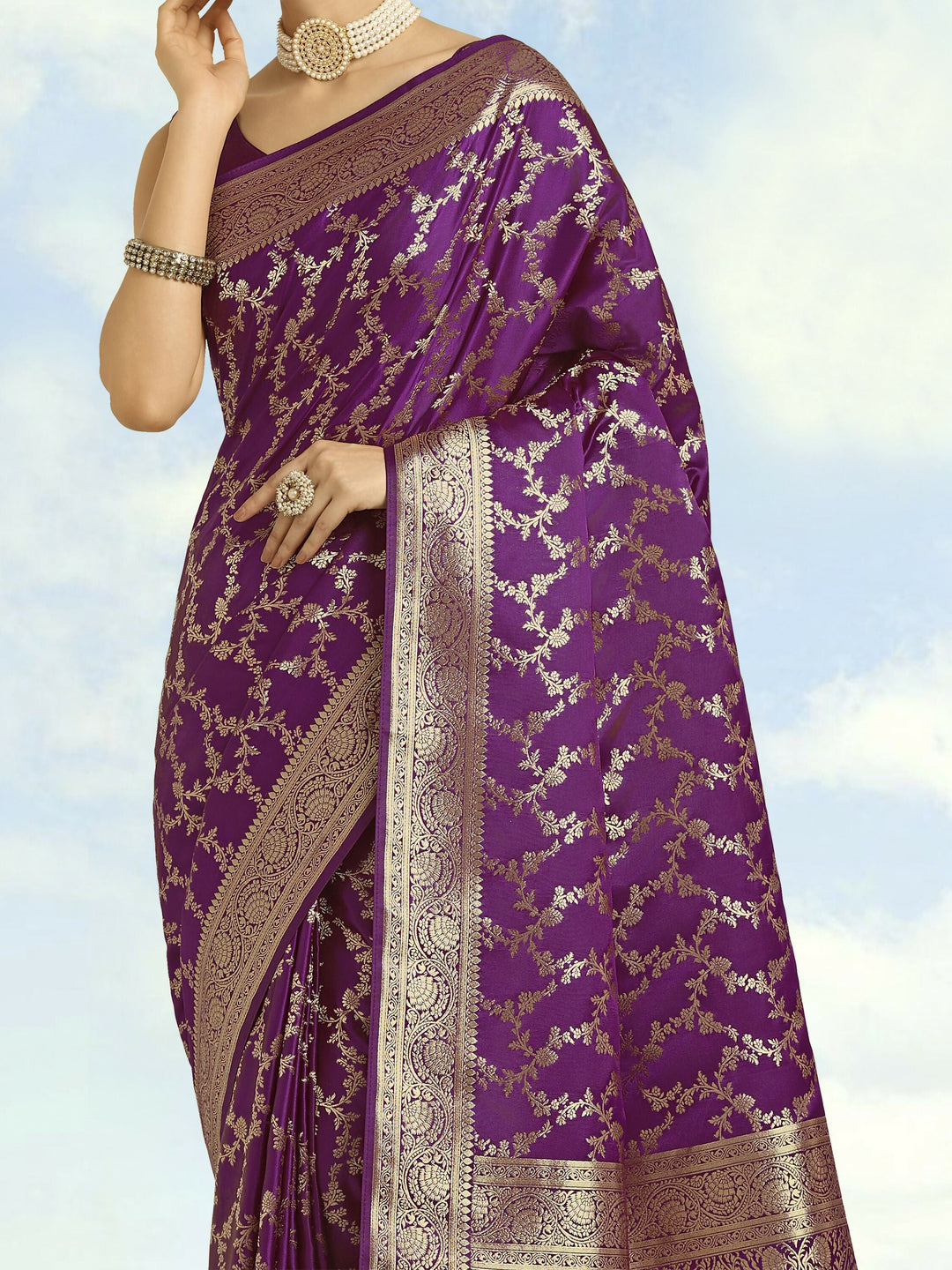 Purple Banarasi Satin Silk Golden Meenakari Work Saree | SHOBITAM