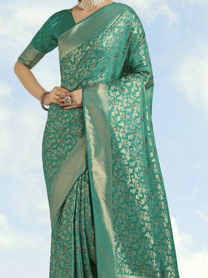 Turquoise Banarasi Satin Silk Meenakari zari weaving Saree | SHOBITAM