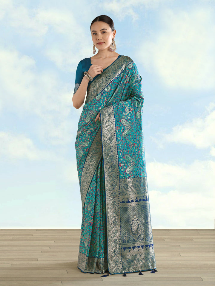 Turquoise Banarasi Semi Silk Saree With Traditional Paisley Weaves | SHOBITAM