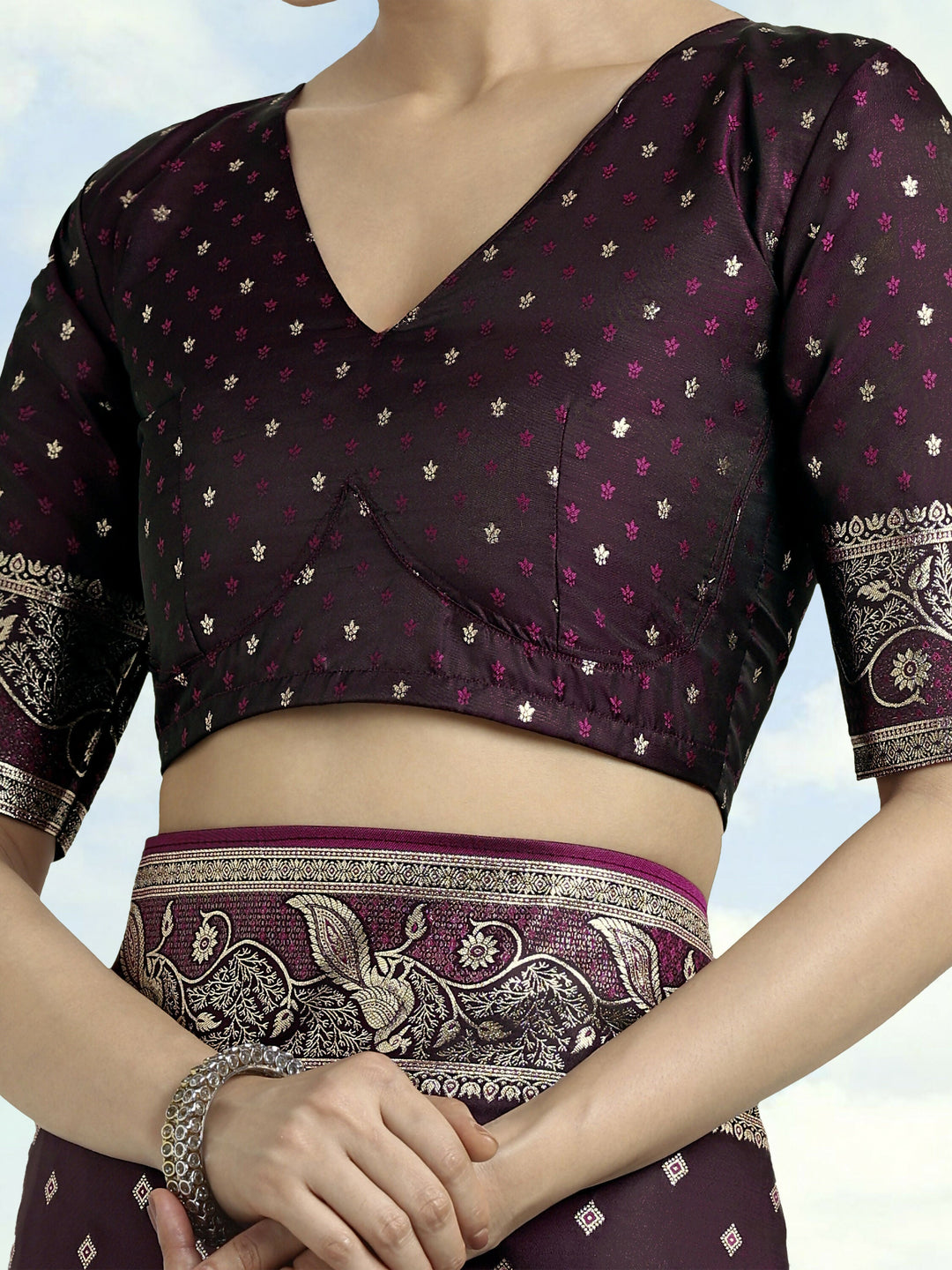 Wine Woven Banarasi Satin Silk Saree | SHOBITAM