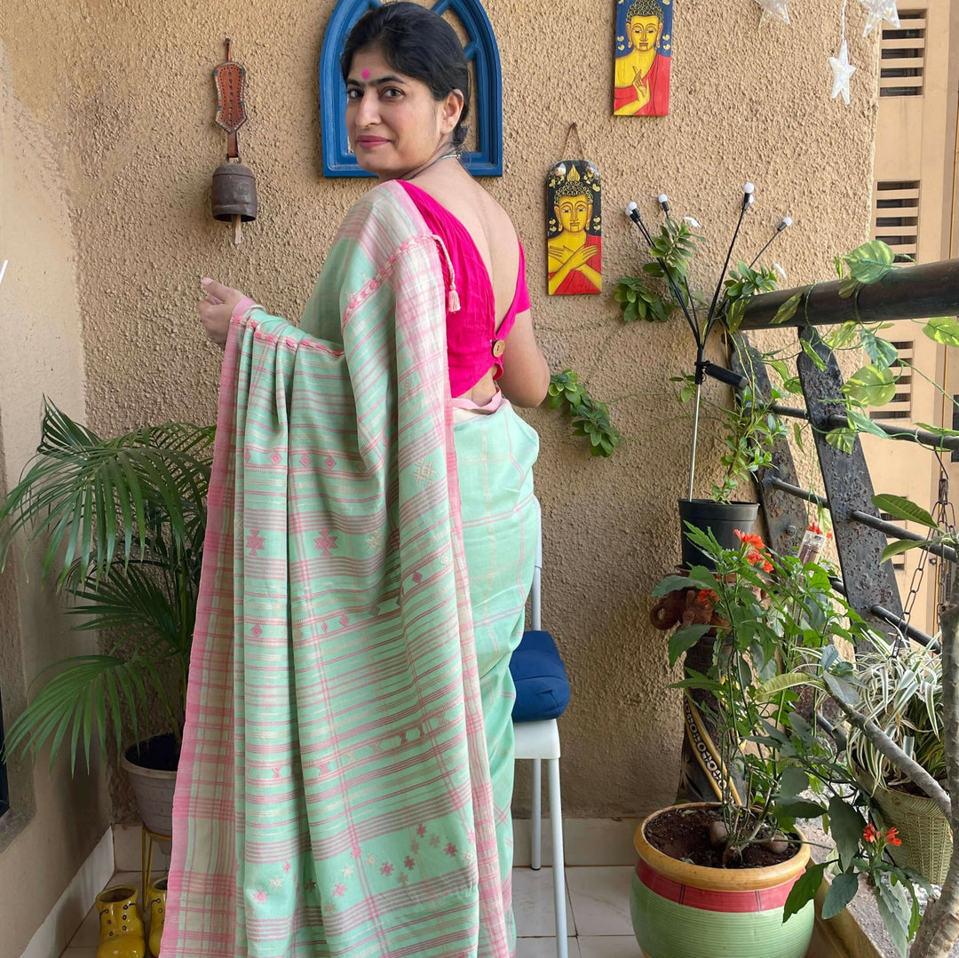 Pastel Green Handloom Bhujodi Cotton Saree | SHOBITAM