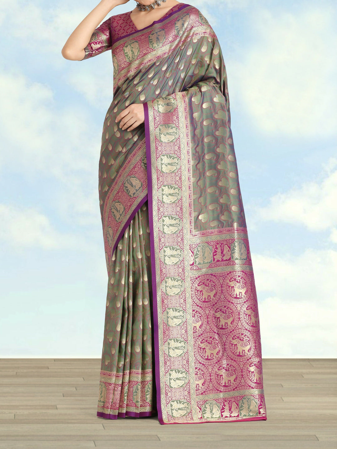 Olive Green Color Weaving Semi Banarasi Silk Saree| SHOBITAM