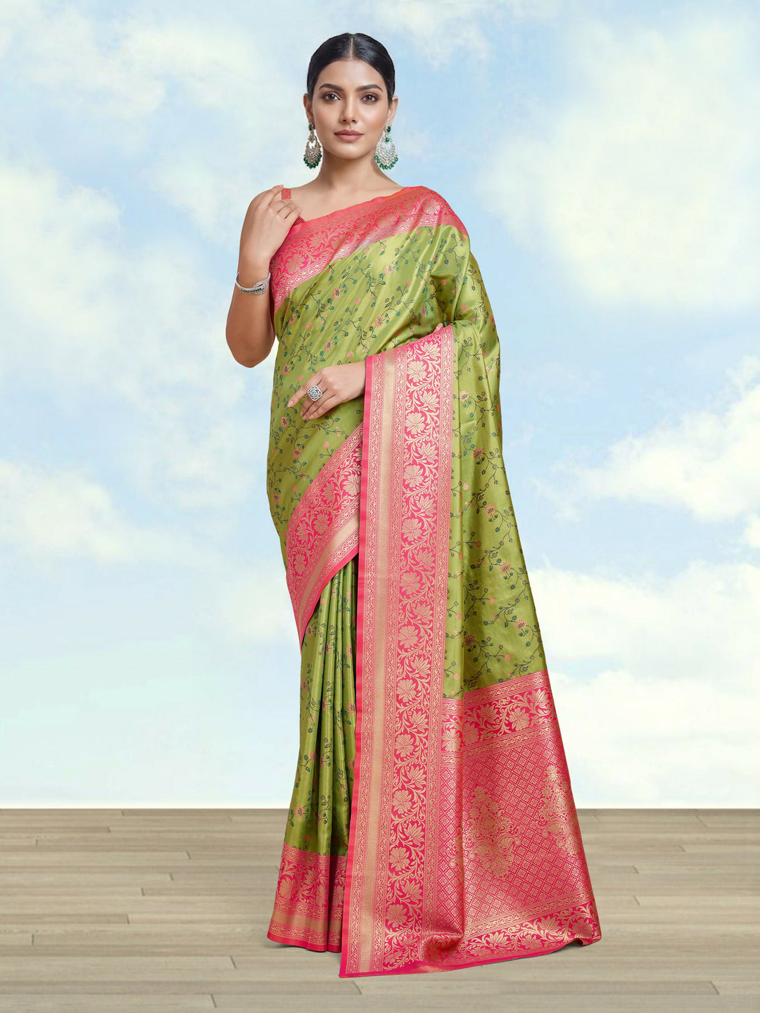 Parrot Green Banarasi Tissue Silk Saree With Zari Woven Work | SHOBITAM