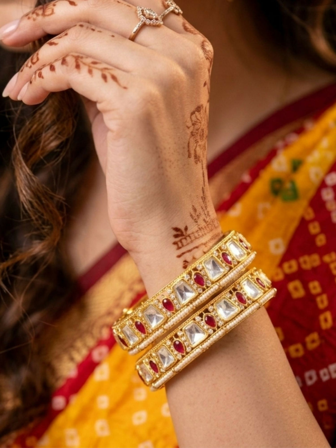 Gold Plated Classic Polki Moissanite Bangles | SHOBITAM