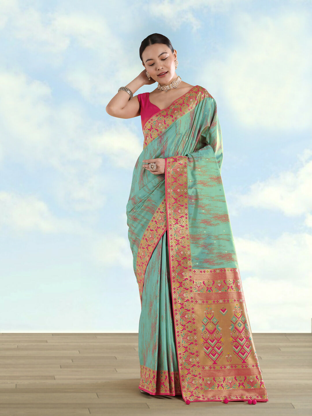 Sky blue Color Semi Banarasi Tissue Silk Paithani Woven Saree | SHOBITAM