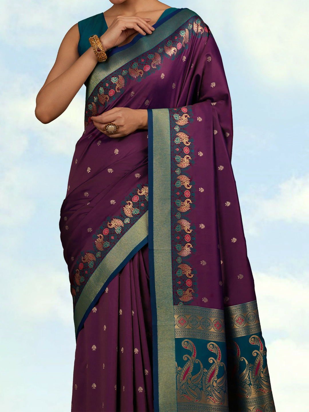 Dark Purple Banarasi Silk Blend Saree | SHOBITAM