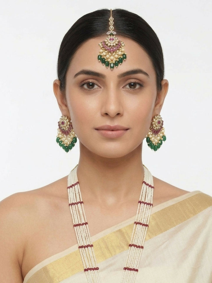 Gold Plated Long Bridal Polki Stone Necklace Set | shobitam