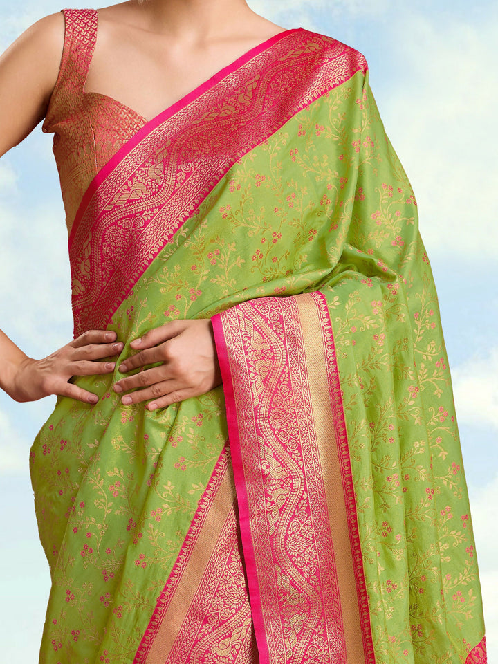 Parrot Green Color Zari Woven Faux Banarasi Tissue Silk Saree | SHOBITAM