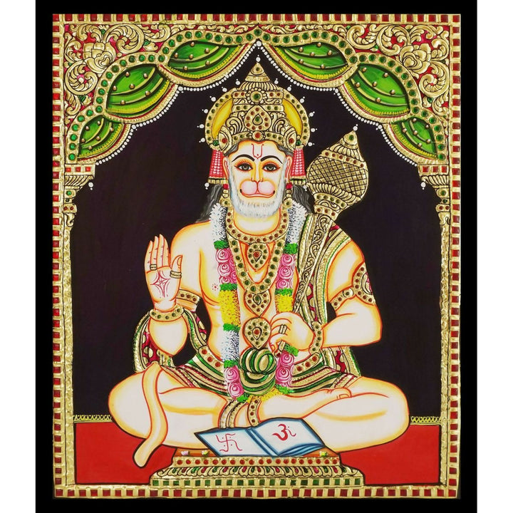 12*15 TANJORE PAINTING HANUMAN SITTING Authentic With 22 Ct Gold Foil and Jaipur Gemstones,Unframed | SHOBITAM