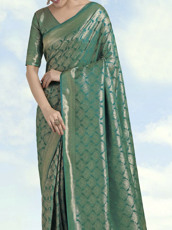Turquoise Banarasi Satin Silk Zari Weaving Work Saree | SHOBITAM