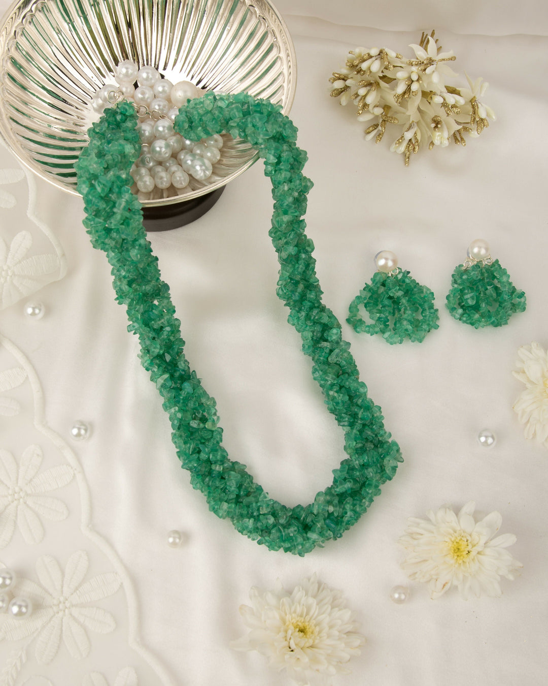 The Jade Garden- Natural Green Onyx Hand-braided Mala with Earrings | SHOBITAM