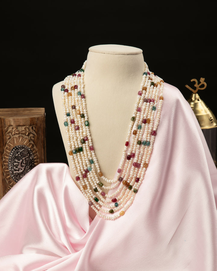 Rangrez Moti Mala – Natural Tourmaline & Pearl Necklace| SHOBITAM