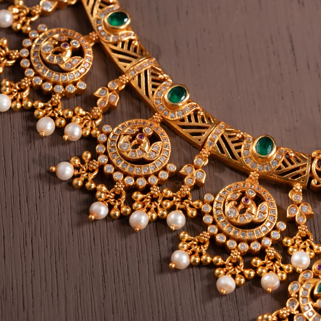 Stunning 92.5 Silver, Gold Plated  Mayurangini Short Necklace
