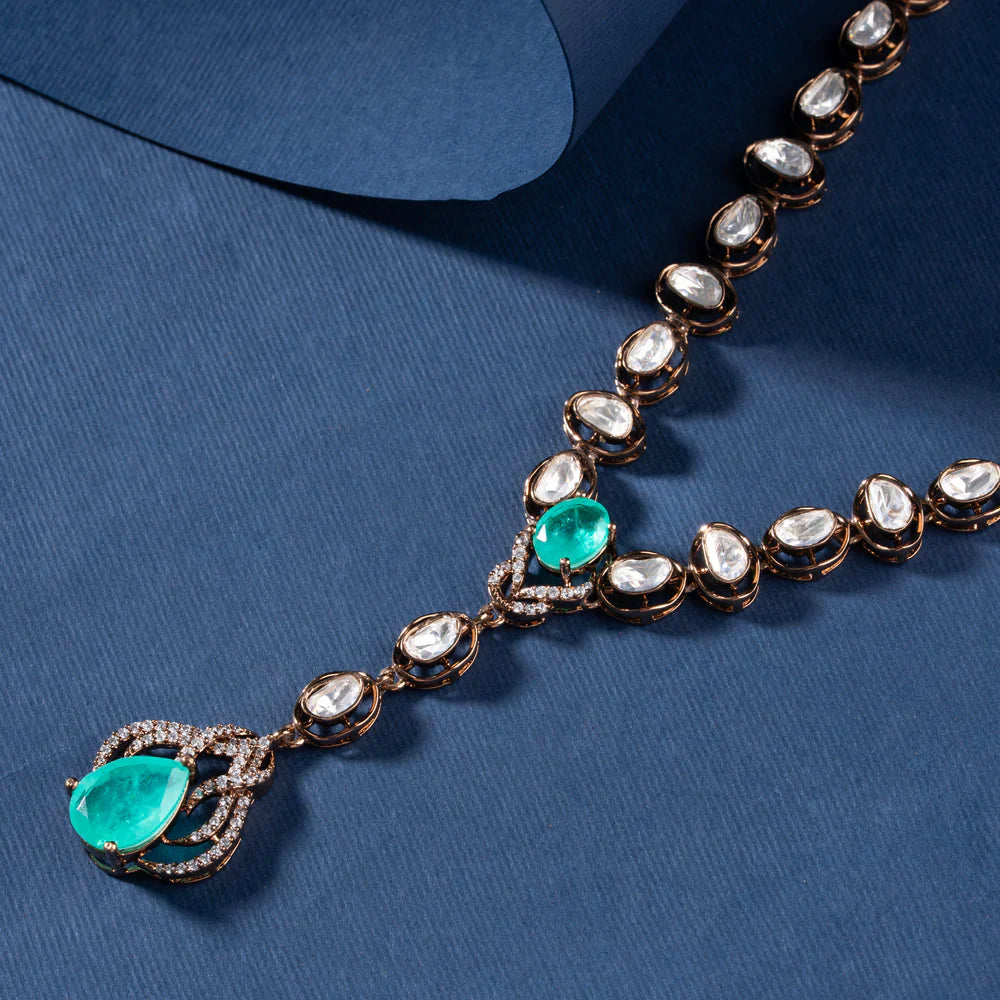 Pure 92.5 Silver, Gold Plated Victorian Oval Design Necklace Set with Mint Green Stone