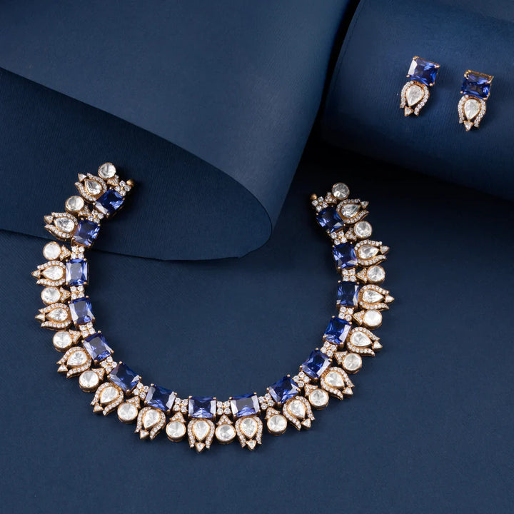Pure 92.5 Silver, Gold Plated Amethyst Paan Victorian Short Necklace Set