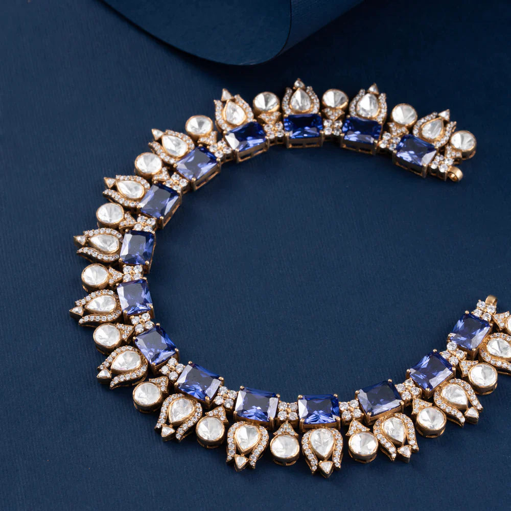Pure 92.5 Silver, Gold Plated Amethyst Paan Victorian Short Necklace Set