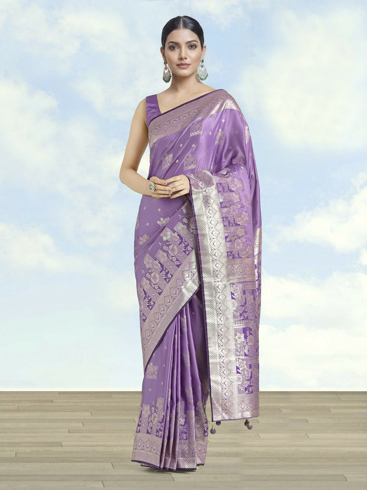 Lavender Color Banarasi Satin Silk Zari Weaving Saree | SHOBITAM